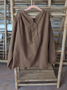 Soeur Cotton Gauze Oversized Collarless Button-Front Brown Textured Blouse